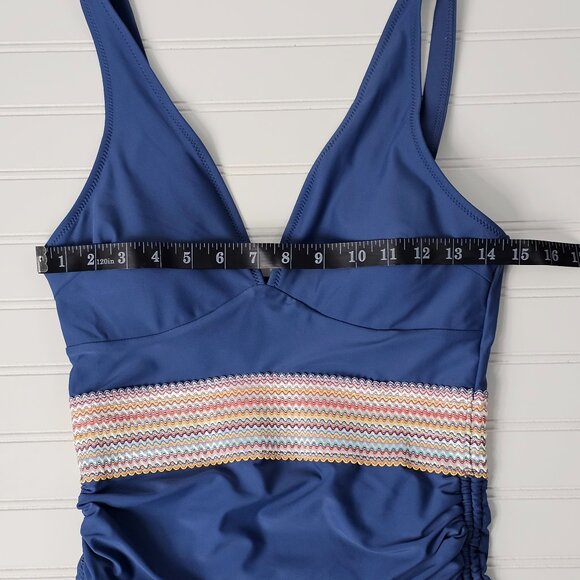 Women's Blue Plunge Neck Tummy Control Modest One Piece Swimsuit Size S NWTF - Picture 12 of 14
